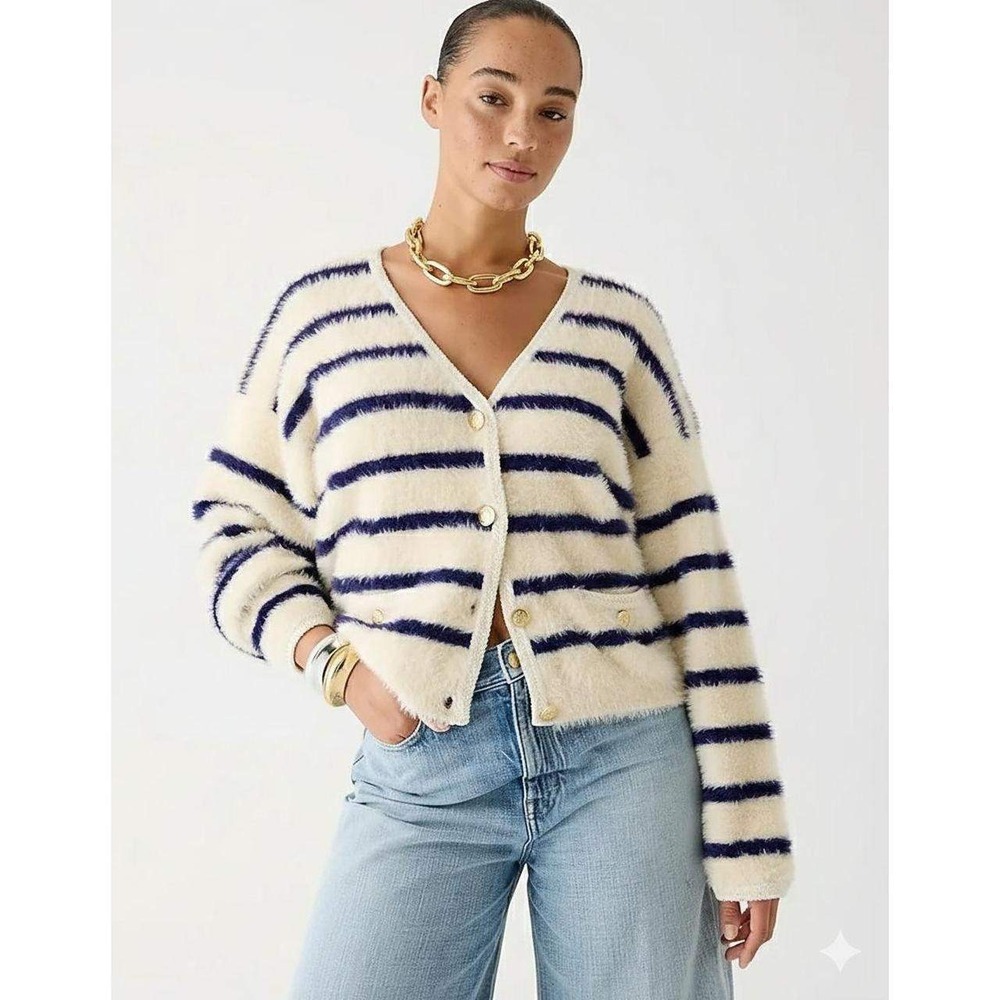 J. Crew Sweater Lady Jacket Women Small Cream Navy Striped Brushed Yarn Gold